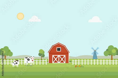 A colorful illustration of a rural farm scene with a red barn