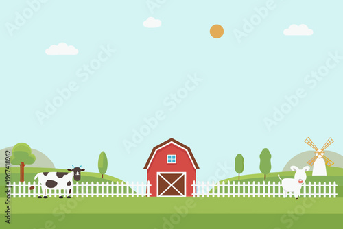 A peaceful farm scene with a barn cow and windmill in the countryside