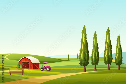 A vibrant countryside scene featuring a red barn trees and tractor