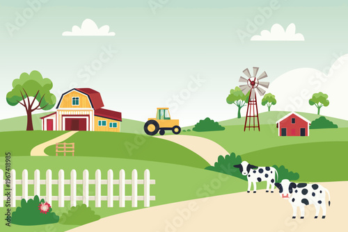 A peaceful countryside farm scene with buildings animals and rolling hills