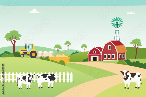 A colorful farm scene featuring cows a tractor and a red barn