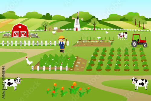 Cartoon farm scene with a farmer animals and vibrant crops