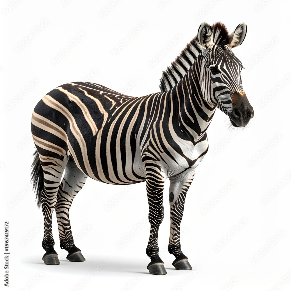 Fototapeta premium Full body studio portrait of a plains zebra standing in an alert pose against a white background, featuring detailed black and white stripe patterns, upright mane, and sharp gaze.