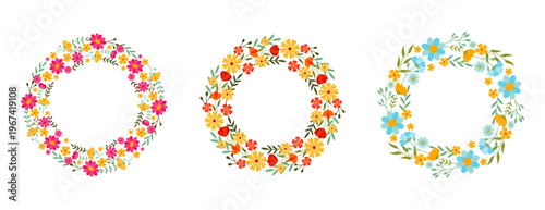 Collection of colorful floral wreaths isolated on white background.Set of floral chaplets in flat style.Design for seasonal decorations, greeting cards, invitations, social media.Vector illustration. 