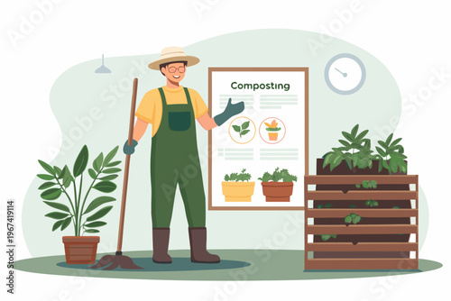 A gardener demonstrates composting methods with plants and gardening tools