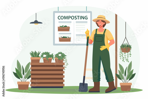 A gardener explains the composting process with an informative poster