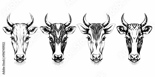 Four stylized bongo heads illustrated in a black and white sketch