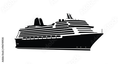 A striking black silhouette of a large cruise ship at sea