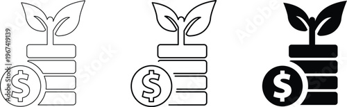 Financial Growth Plant Icon Set – Investment Savings and Profit Growth Symbols in Minimal Line and Solid Style