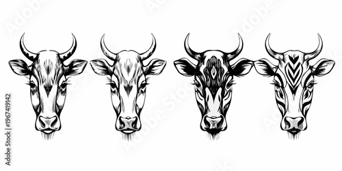 Four stylized cow heads arranged in a symmetrical graphic composition