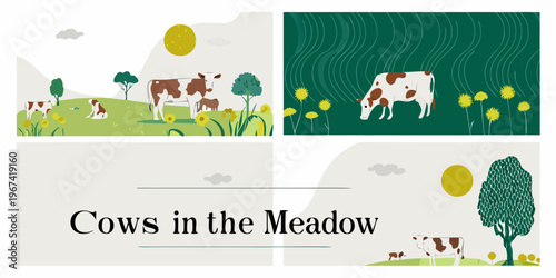 A colorful illustration depicting cows grazing peacefully in a lush meadow