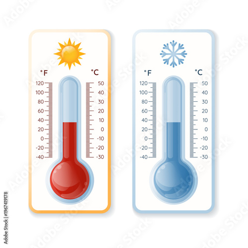 Thermometers 3D isolated on white background.Temperature icons. Low and hot temperature icons with snowflacke and sun.Element for websites, logo, weather forecast.Red thermometer.Vector illustration.