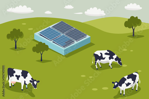 Solar panels in a pasture with grazing cows under a cloudy sky