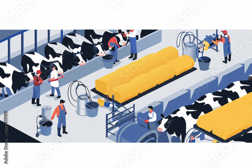 Isometric illustration of a modern dairy farm with cows and workers