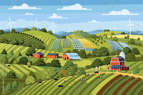 Rolling hills with farmland wind turbines and rural buildings under a blue sky