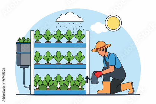 Man tending to a vertical hydroponic garden with watering can