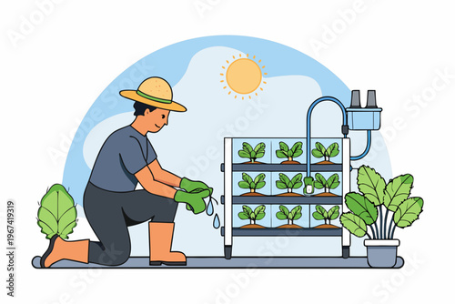 Farmer tending to a vertical hydroponic farm with leafy greens indoors