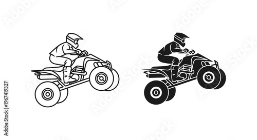 Two black and white depictions of an atv rider in action silhouette