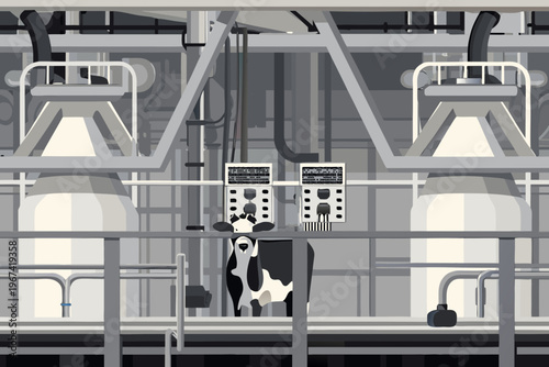 A stylized illustration depicts a cow within a modern dairy farming structure