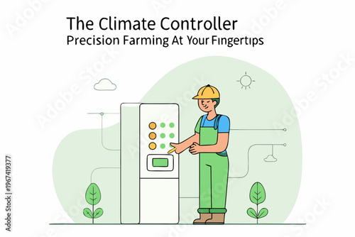 Illustration of a farmer using a climate control system for precision farming
