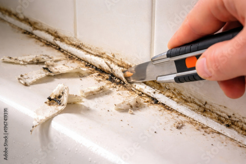 Close up of a person using a utility knife to remove old, dirty silicone sealant from a bathroom edge, highlighting maintenance, cleaning, and home repair work.