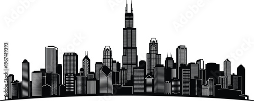 Detailed black silhouette of Chicago city skyline with Willis Tower and famous skyscrapers for Illinois urban travel and United States metropolitan architectural design