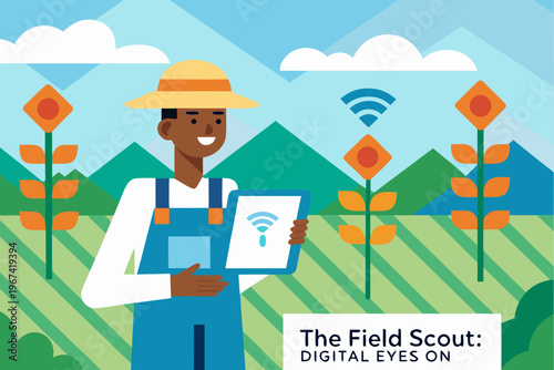 Farmer using a digital tablet in a vibrant agricultural landscape