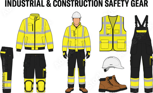 Industrial and construction safety gear vector illustration with high visibility jackets, reflective workwear, hard hats, boots, and protective overalls