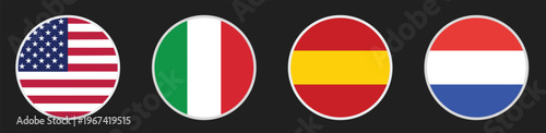 Four Country Flags Round Icons USA Italy Spain Netherlands, World Nation Symbols Circle Flag Buttons Flat Design on Black Backgroun for modern UI, web and app design