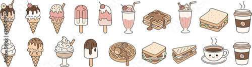 Dessert and coffee collection with ice cream waffles sandwiches and drinks cute cartoon vector illustration set isolated on white background