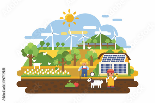 Sustainable farm landscape with windmills solar panels and happy people