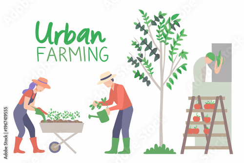 People cultivating a rooftop garden in an urban environment