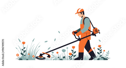 A person wearing orange workwear and a white hard hat walks right, operating a string trimmer to cut weeds and wildflowers in a sparse patch of ground.