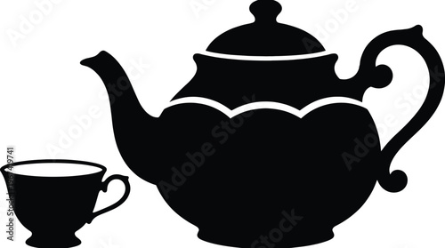 Black silhouette of a classic vintage teapot and elegant teacup, perfect for tea time, cafe menus, and kitchen decor