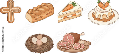 Easter food collection with bread carrot cake eggs nest and ham meat vector illustration set isolated on white background