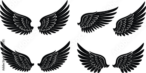 Set of black wing silhouettes with detailed feathers for angel bird and heraldry design elements for fantasy art religious graphics and vector wing shapes