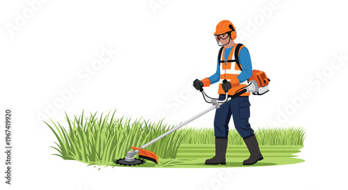 A person wearing an orange hard hat, earmuffs, face shield, and reflective vest uses a string trimmer to precisely cut the edge of a vibrant green grass patch.