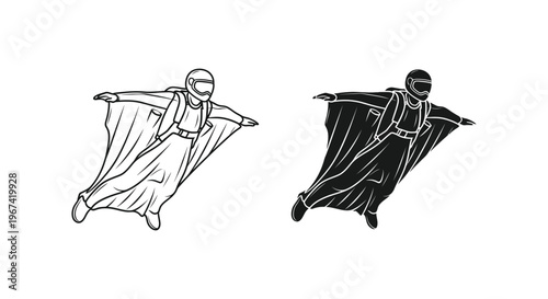 Two wingsuit flyers in dynamic poses a striking black silhouette