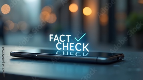 Smartphone on Urban Surface with Glowing Text Reading Fact Check in Evening Light