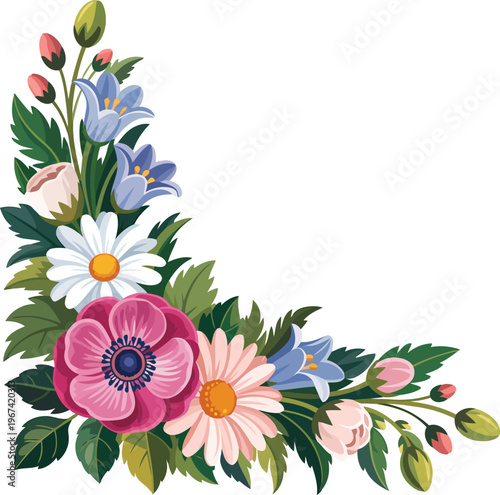 A vibrant floral corner arrangement featuring anemones daisies and bellflowers