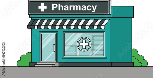 Vector Illustration of a Modern Pharmacy Store Front with Teal Walls, Striped Awning, Green Bushes, and Professional Healthcare Signage