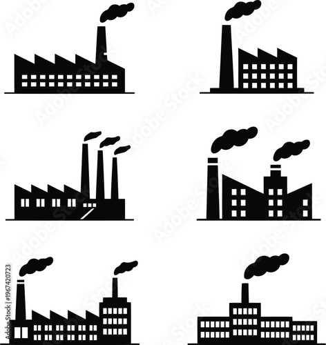 Industrial silhouettes depicting factories with smokestacks emitting pollution