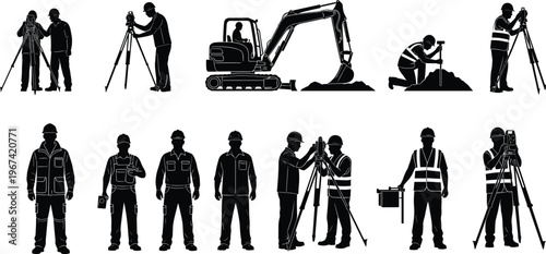 Set of construction worker and land surveyor silhouettes with excavator and surveying equipment for civil engineering building site and industrial infrastructure project graphics