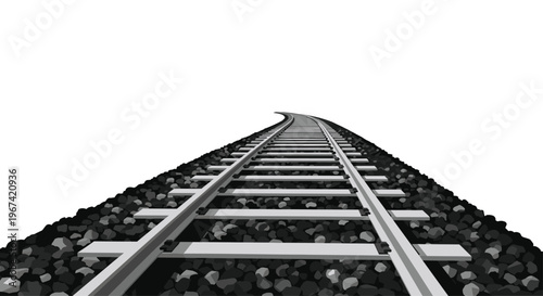 A set of train tracks with light gray rails and sleepers curves gently to the right, embedded in ballast stones on a white background.