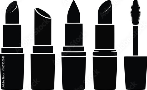 Cosmetic products including lipstick and mascara Silhouettes, lipstick, mascara and tube.