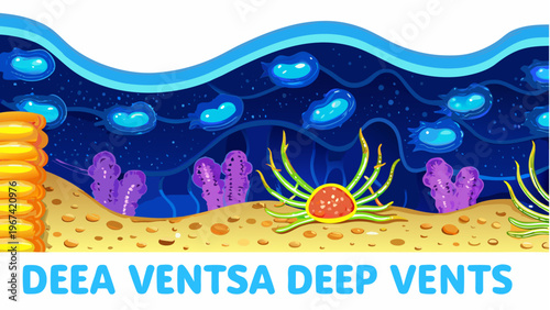 Bioluminescent deep sea vents ecosystem with glowing blue organisms and colorful marine life on ocean floor