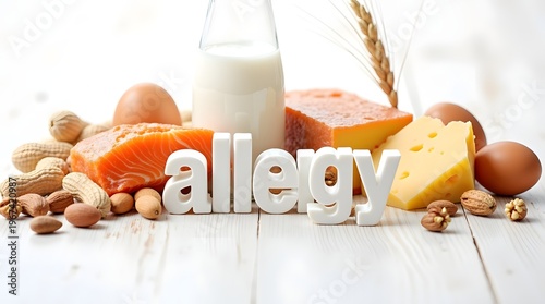 Selection of Allergy-Focused Food Ingredients on a Wooden Surface Including Dairy Eggs and Nuts