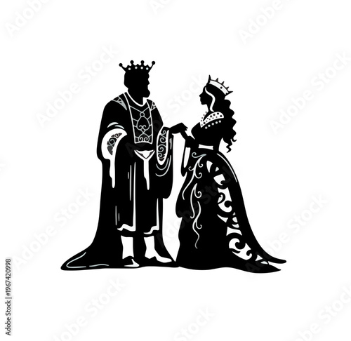 King and Queen Silhouette Holding Hands. Elegant silhouette of a king and queen, both wearing crowns and ornate robes, holding hands. This regal illustration is perfect for fantasy themes, fairy tales