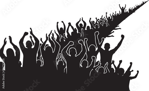 Vector illustration of a crowd of people with their hands raised in celebration
