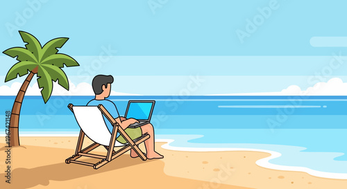 A person working remotely on a laptop while relaxing on a beach chair under a palm tree by the ocean.